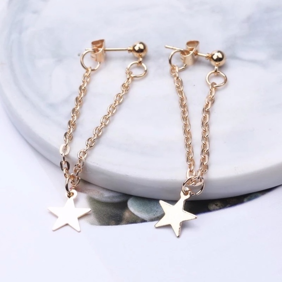 Star Chain Drop Hoop Gold Ear Jacket Earrings - Picture 2 of 7